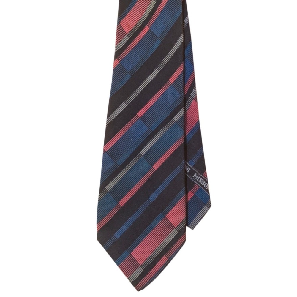 Vintage Missoni colorful Cravatte Mens Silk Necktie 70's Stripe‎ Blue Pink Black